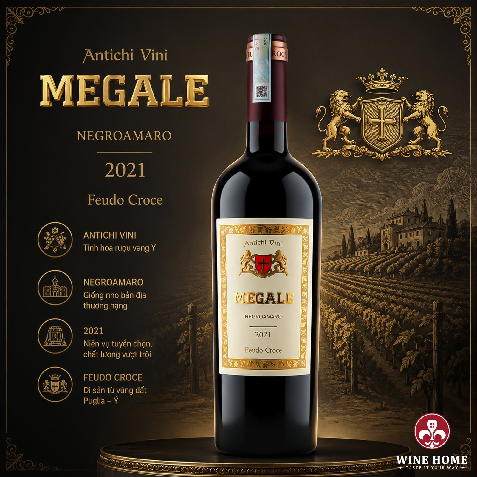 Rượu Vang Ý Megale Negroamaro – Tinh Hoa Vang Đỏ Miền Nam Nước Ý | Rượu Vang Wine Home Rượu Vang Ý Megale Negroamaro – Tinh Hoa Vang Đỏ Miền Nam Nước Ý