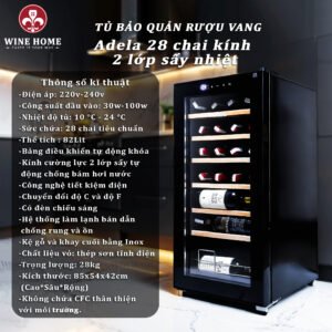 Tủ Bảo Quản Rượu Vang Adela 28 Chai Kính 2 Lớp Sấy Nhiệt