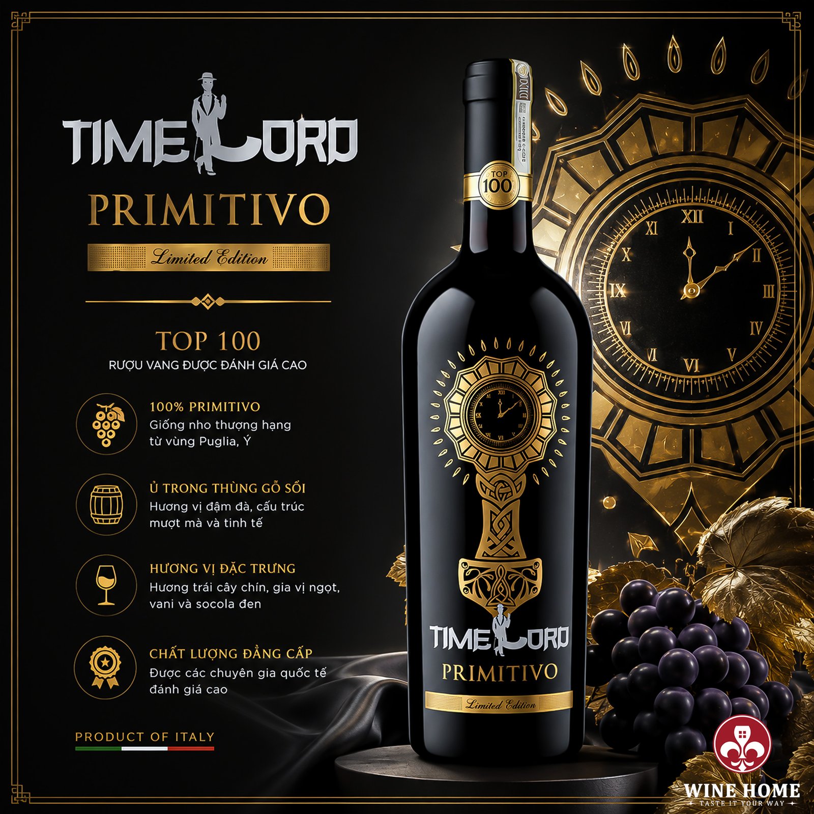 Rượu Vang Ý Timelord Primitivo – Vị Vang Mạnh Mẽ, Đậm Đà Từ Vùng Puglia | Rượu Vang Wine Home Rượu Vang Ý Timelord Primitivo Limited Edition