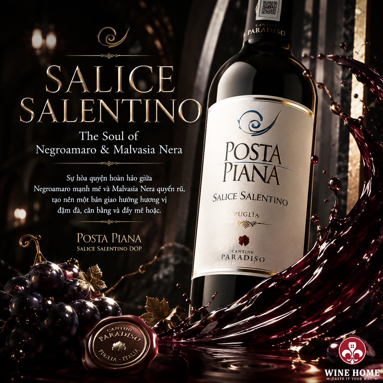Rượu vang Ý Posta Piana Salice Salentino Cantine Paradiso - Mượt Mà, Đậm Đà Cho Mọi Dịp | Rượu Vang Wine Home Rượu vang Ý Posta Piana Salice Salentino Cantine Paradiso