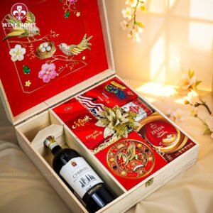 Hộp Quà Tết Xuân Như Ý Hộp Gỗ Đỏ 07 | Quà Tết Cao Cấp 2026 Wine Home | Rượu Vang Wine Home Hộp Quà Tết Xuân Như Ý Hộp Gỗ Đỏ 07