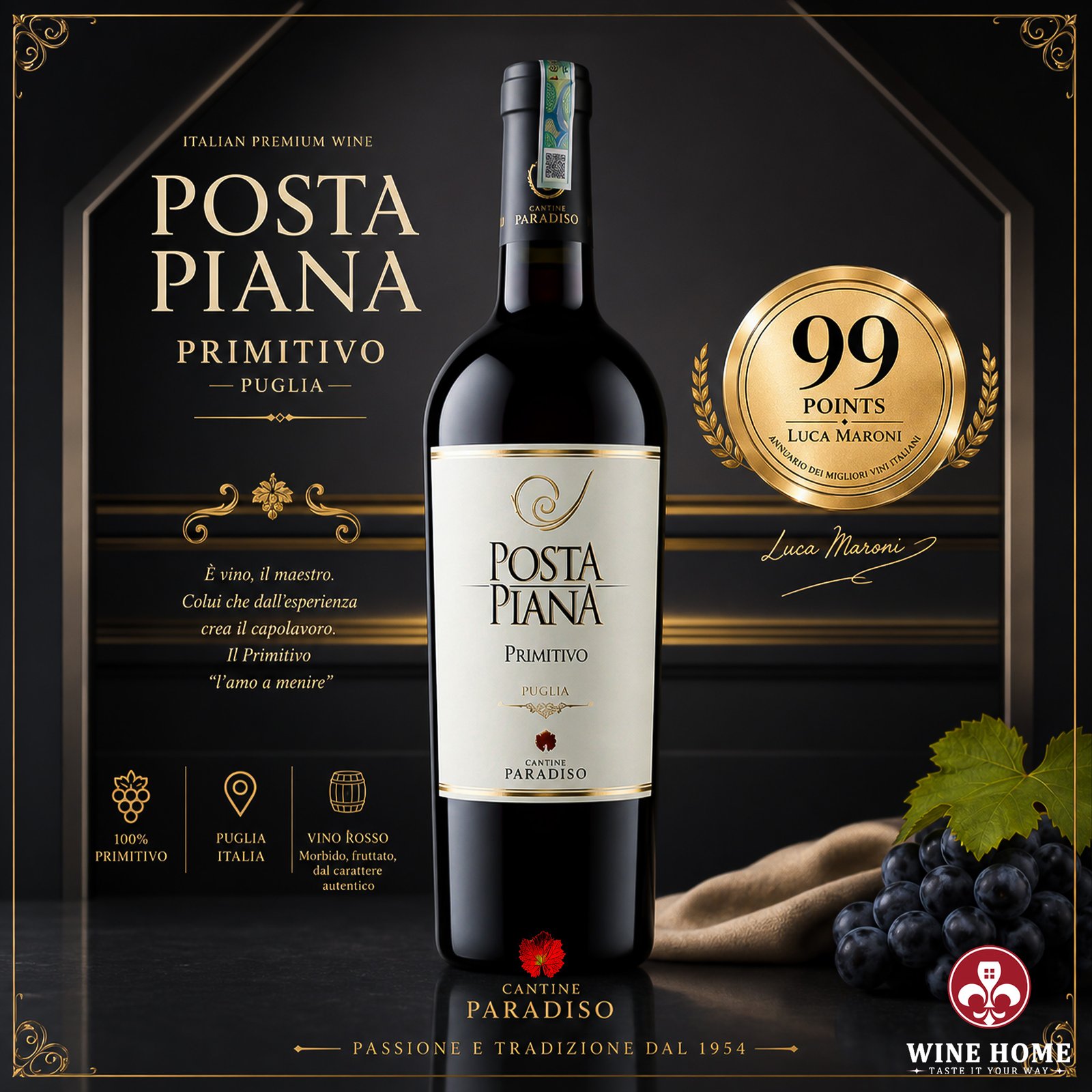 Rượu vang Ý Posta Piana Primitivo Cantine Paradiso - Đầy Cuốn Hút Cho Mọi Bữa Tiệc | Rượu Vang Wine Home Rượu vang Ý Posta Piana Primitivo Cantine Paradiso - Đầy Cuốn Hút Cho Mọi Bữa Tiệc