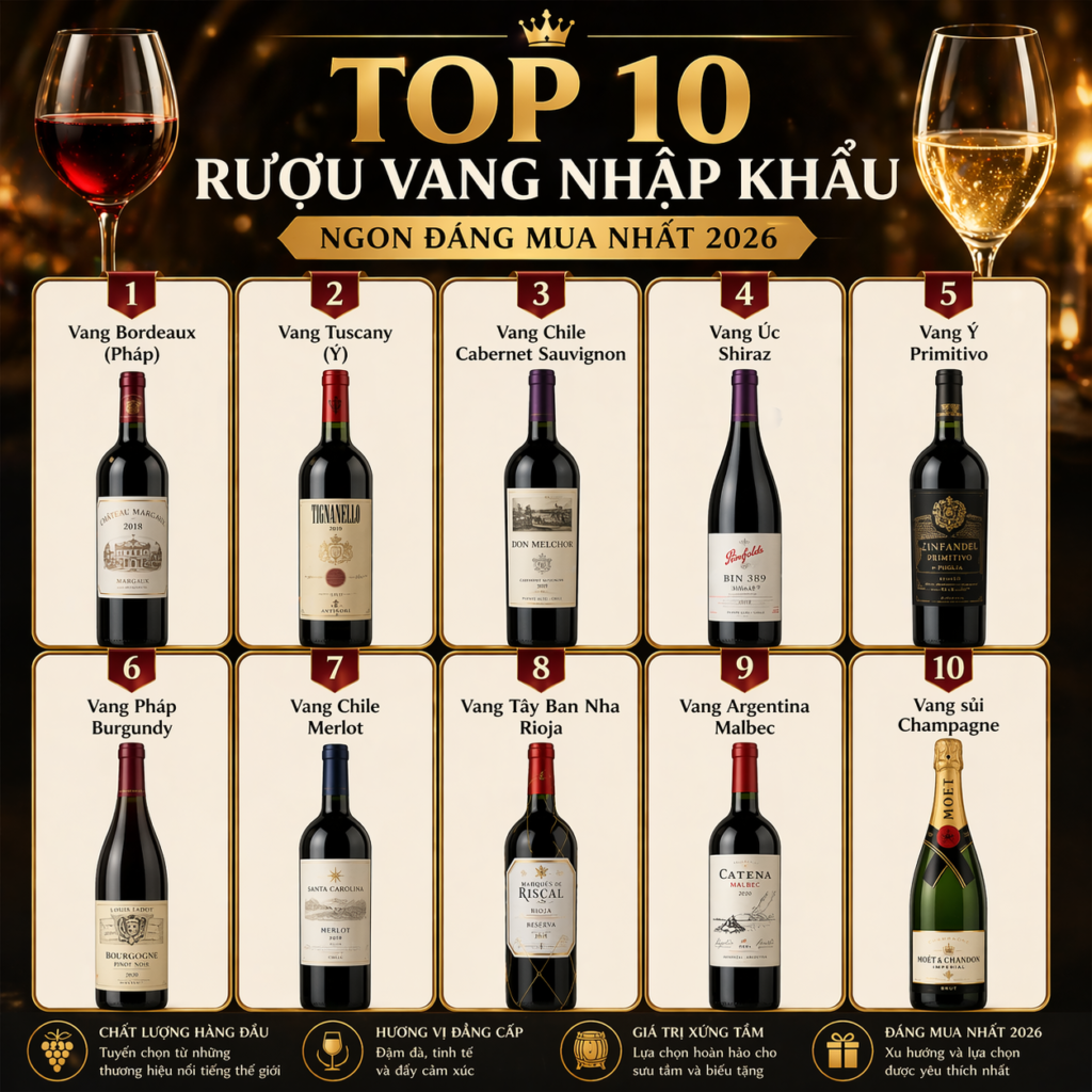 Top 10 Rượu Vang Nhập Khẩu Ngon Đáng Mua Nhất 2026