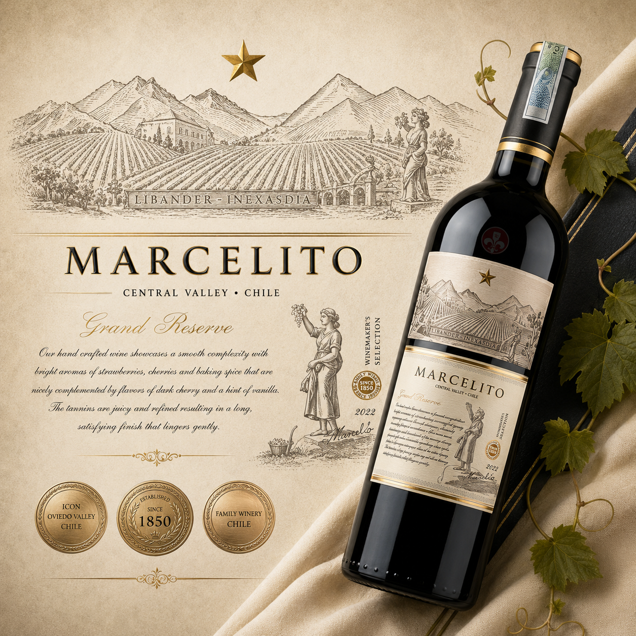 Rượu vang Chile Marcelito Grand Reserve Cabernet Sauvignon – Vang đỏ cao cấp từ Central Valley