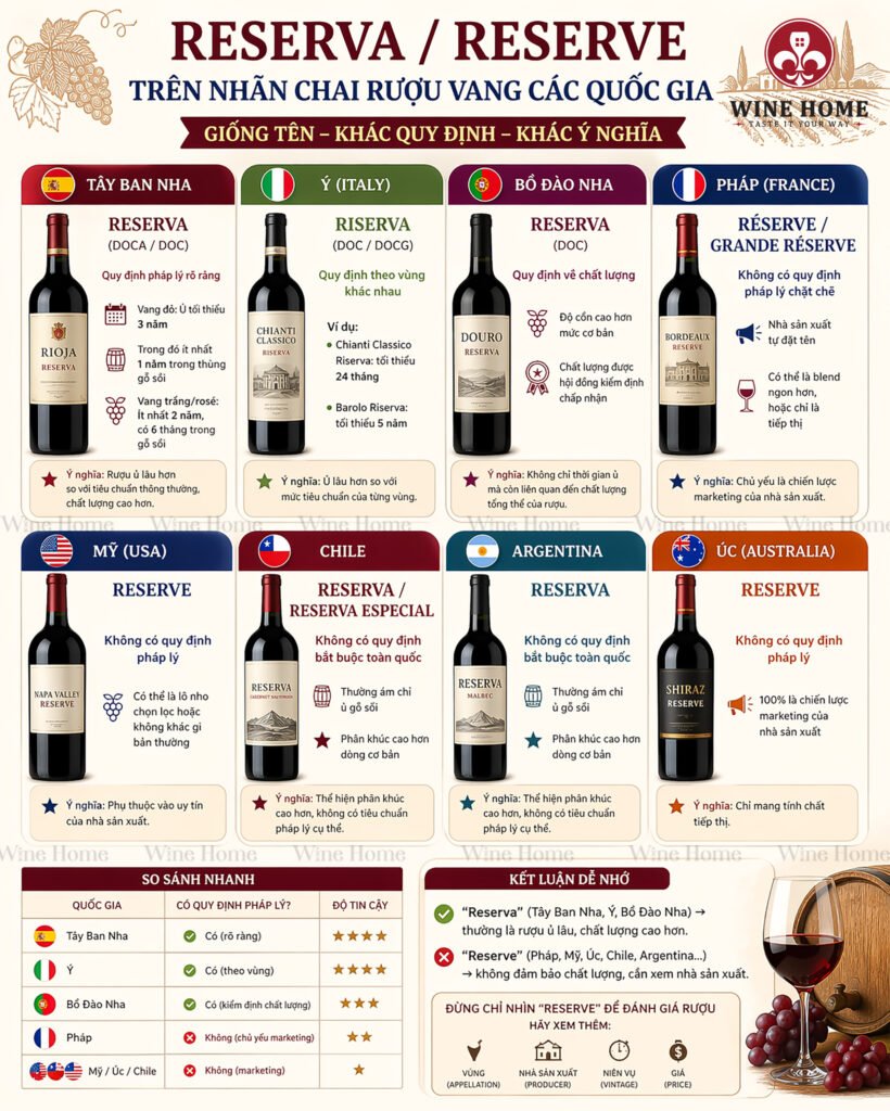 RESERVA / RESERVE TRÊN NHÃN RƯỢU VANG LÀ GÌ? SỰ KHÁC NHAU GIỮA CÁC QUỐC GIA BẠN CẦN BIẾT