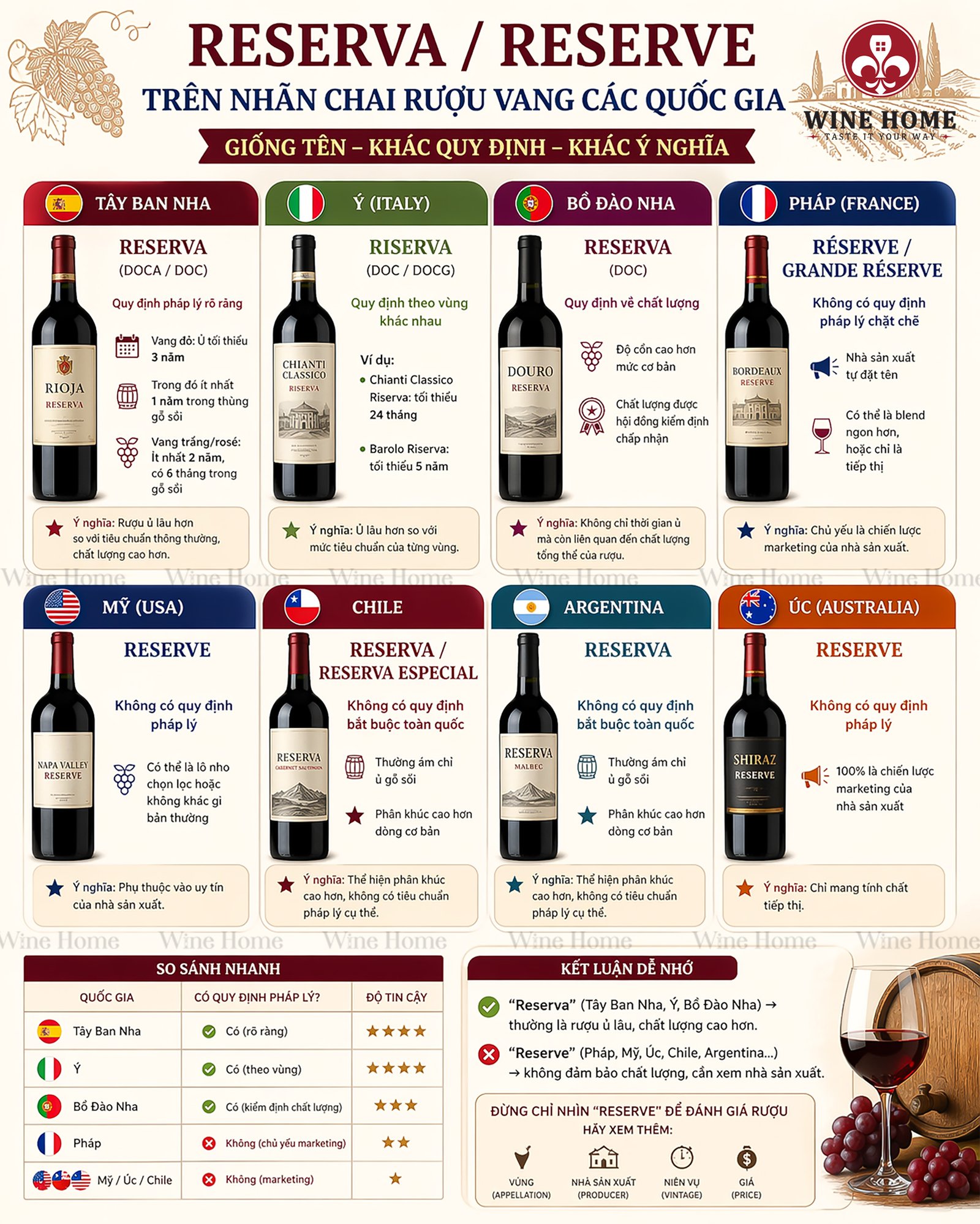 RESERVA / RESERVE TRÊN NHÃN RƯỢU VANG LÀ GÌ? SỰ KHÁC NHAU GIỮA CÁC QUỐC GIA BẠN CẦN BIẾT
