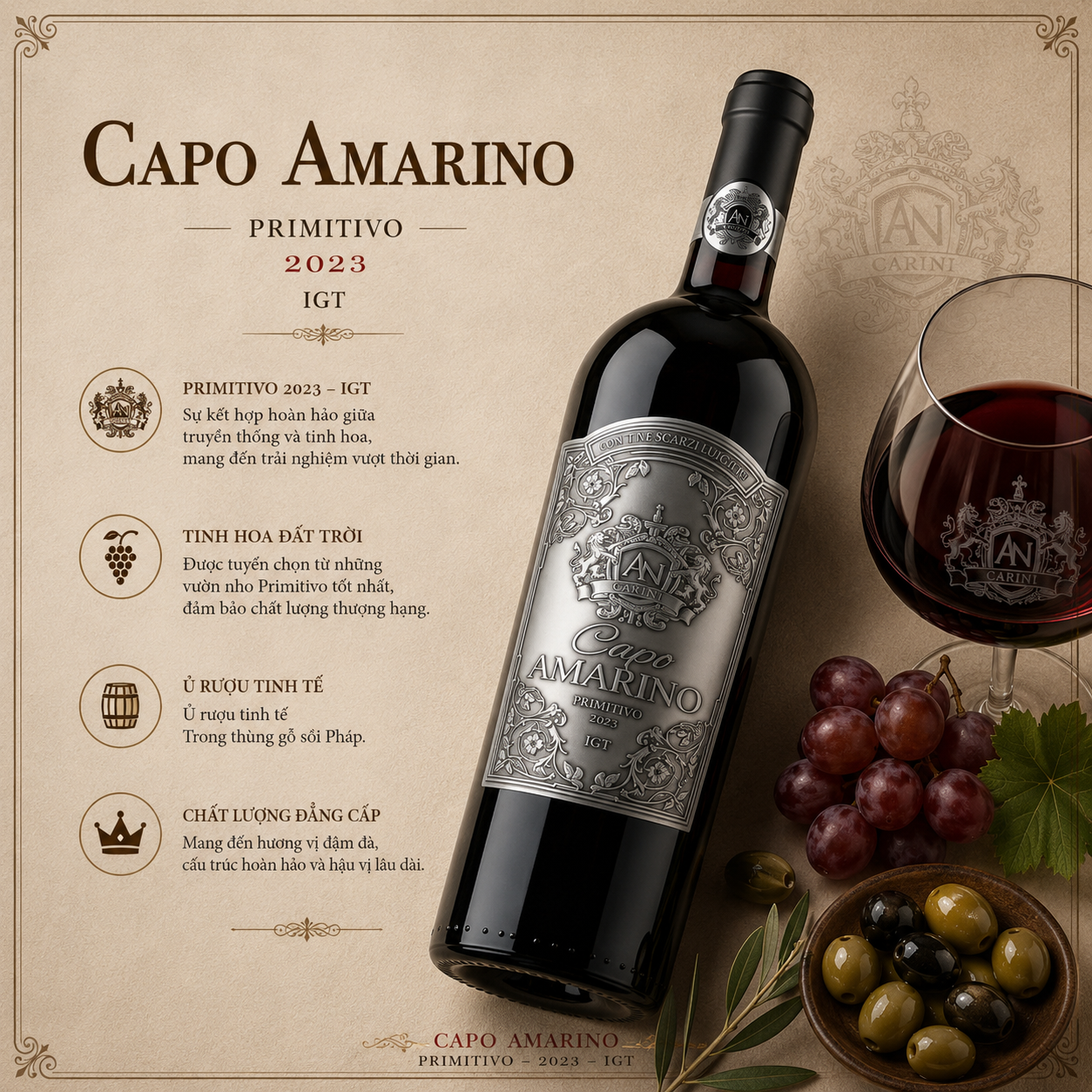 Capo Amarino Primitivo 17% – Rượu Vang Ý Đậm Đà Từ Puglia | Cantine Sgarzi Luigi | Rượu Vang Wine Home Capo Amarino Primitivo – Tinh Hoa Vang Đỏ Puglia Với Nồng Độ 17% Ấn Tượng
