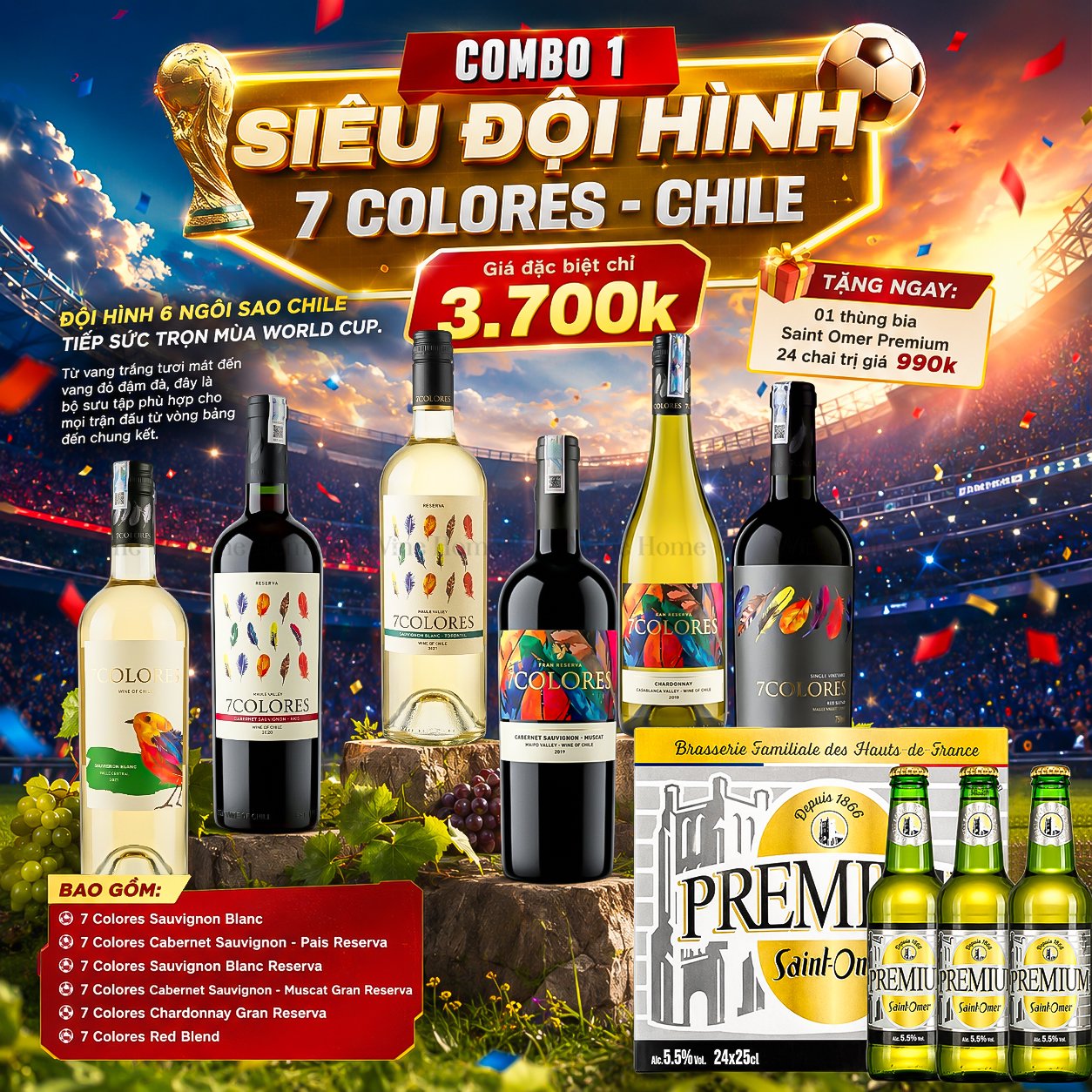 WINE HOME WORLD CUP 2026 – Combo Rượu Vang & Bia Nhập Khẩu Ưu Đãi Xuyên Suốt Mùa Giải | Rượu Vang Wine Home COMBO 1 – SIÊU ĐỘI HÌNH 7 COLORES CHILE