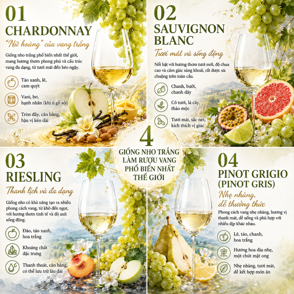 4 giống nho trắng làm rượu vang phổ biến nhất thế giới | Rượu Vang Wine Home 4 giống nho trắng làm rượu vang phổ biến nhất thế giới