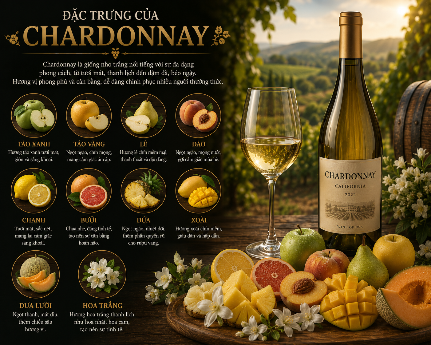 4 giống nho trắng làm rượu vang phổ biến nhất thế giới | Rượu Vang Wine Home Đặc trưng của rượu vang Chardonnay