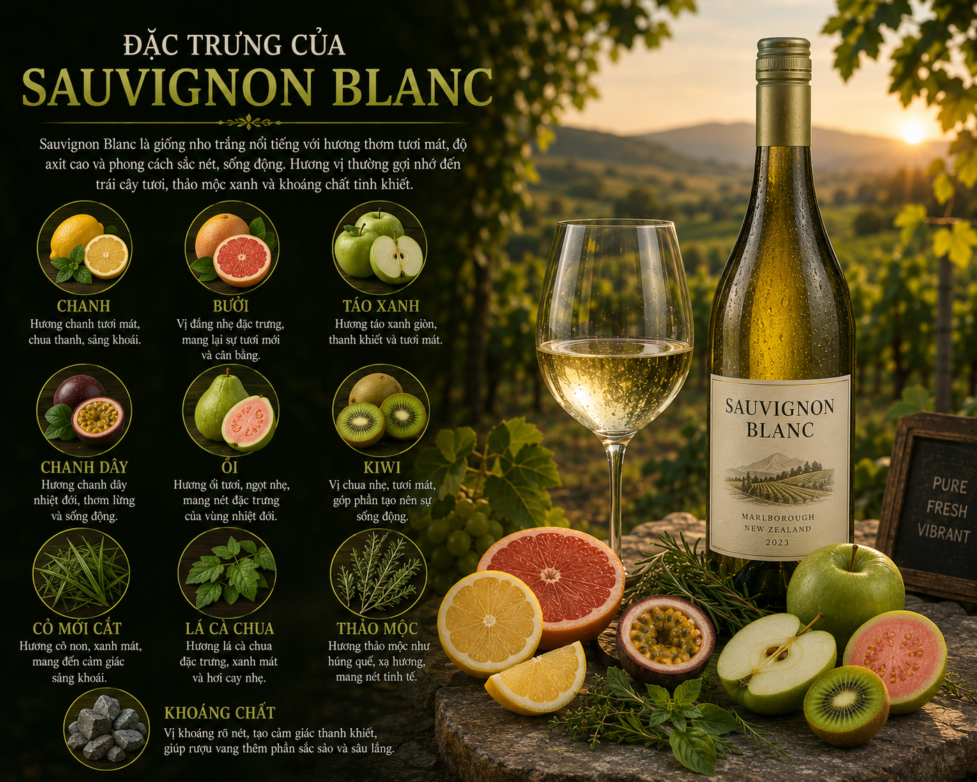 4 giống nho trắng làm rượu vang phổ biến nhất thế giới | Rượu Vang Wine Home Đặc trưng của rượu vang Sauvignon Blanc