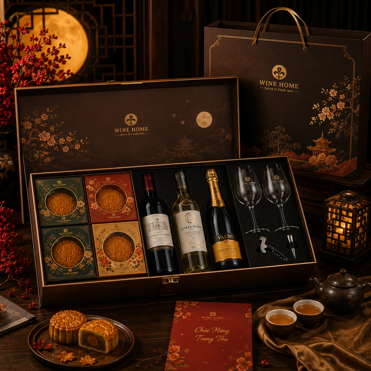 Hộp quà bánh Trung Thu kết hợp rượu vang