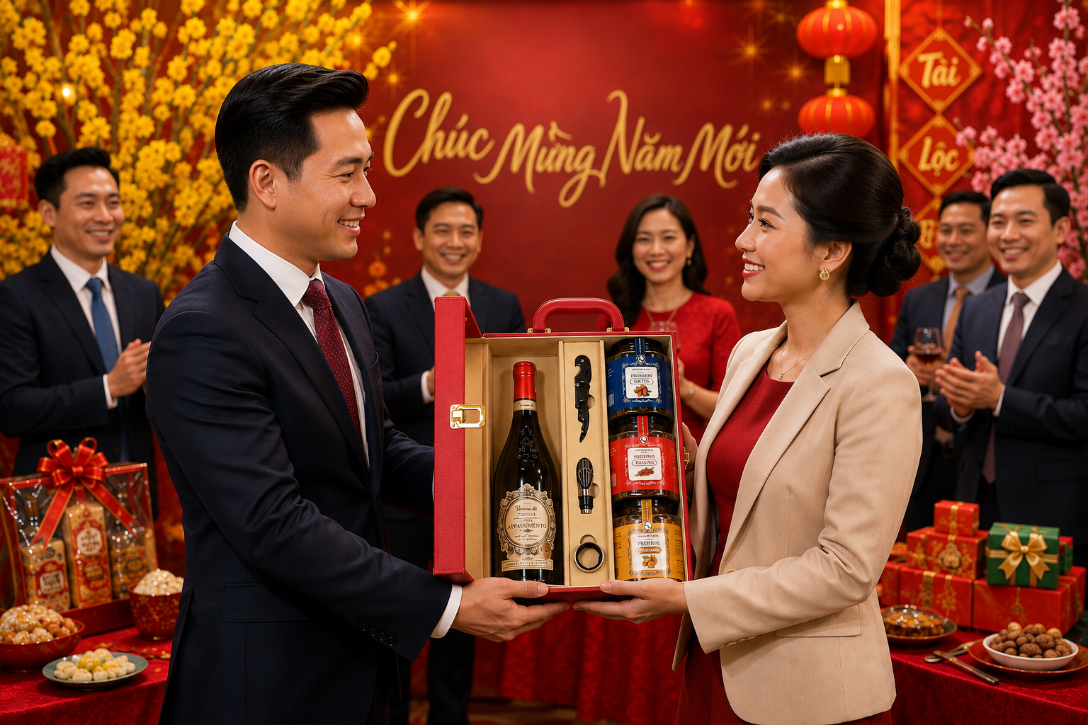 Hộp quà rượu vang sử dụng làm quà tặng cho dịp Tết