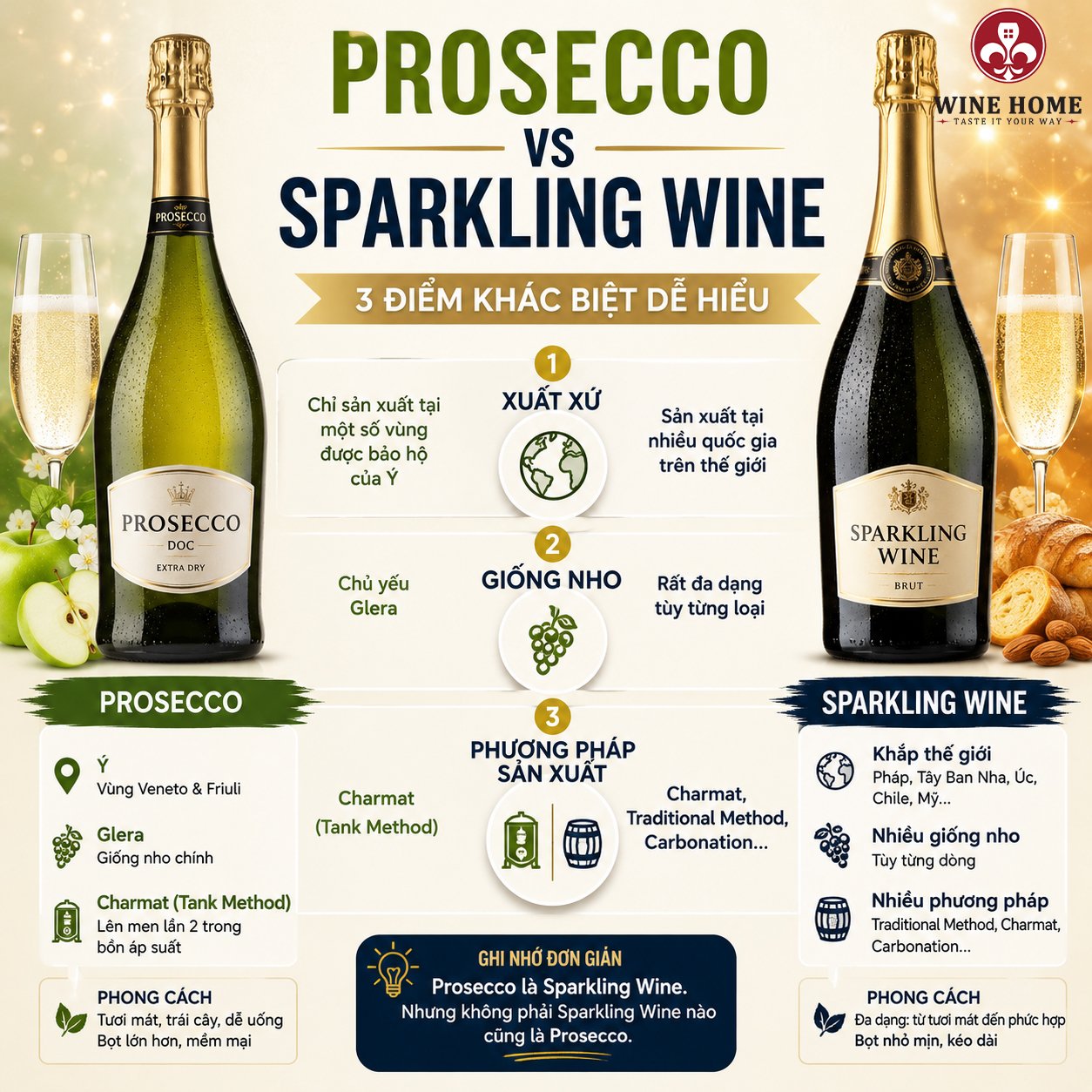 Prosecco Và Sparkling Wine Khác Nhau Như Thế Nào? 10 Điểm So Sánh Dễ Hiểu Cho Người Mới | Rượu Vang Wine Home Prosecco Và Sparkling Wine Khác Nhau Như Thế Nào?