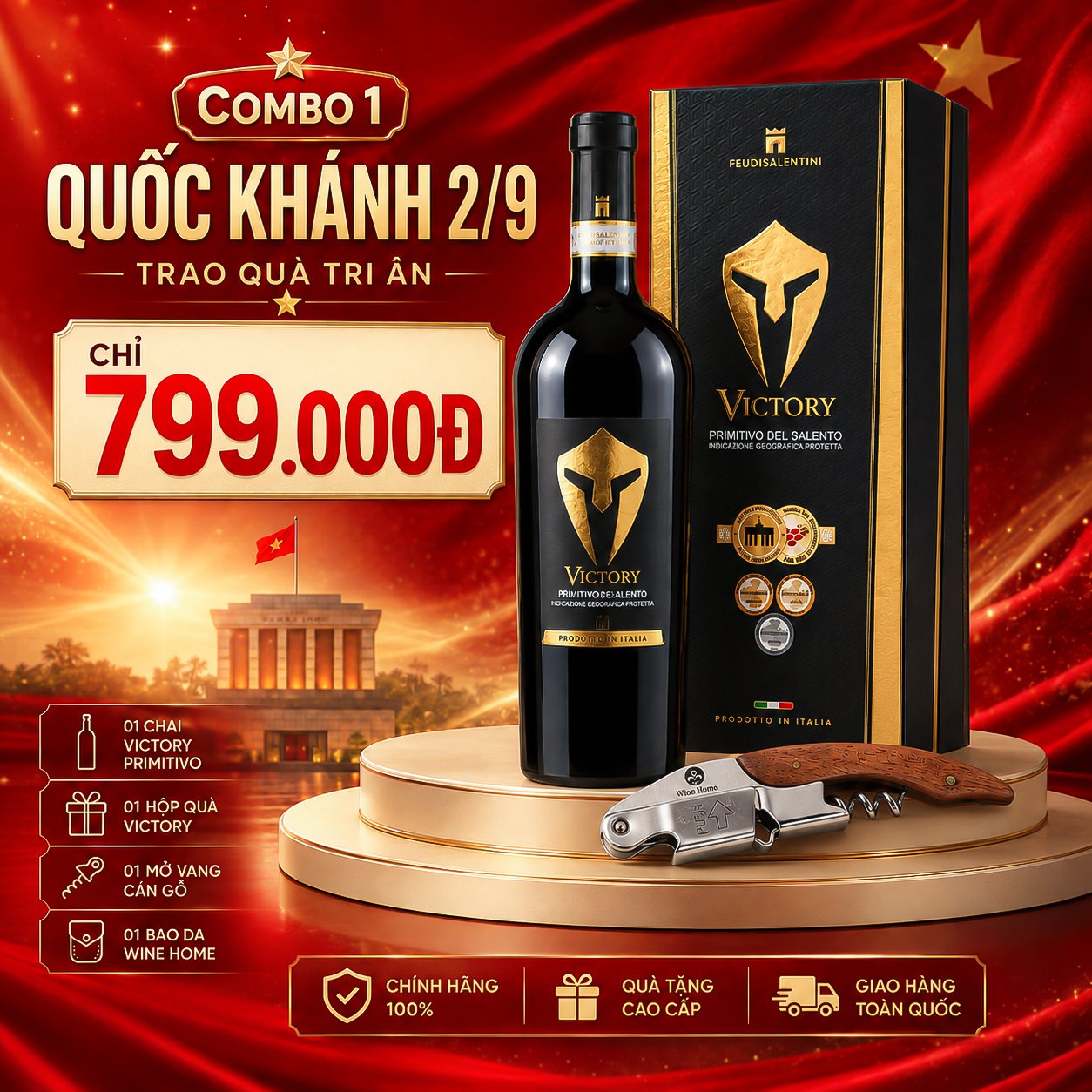 Mừng Quốc Khánh 2/9 – Ưu Đãi Combo Rượu Vang & Quà Tặng Cao Cấp, Trao Quà Tri Ân Khách Hàng | Rượu Vang Wine Home Combo 1: Quốc Khánh 2/9 – Rượu Vang & Hộp Quà Chỉ 799.000Đ
