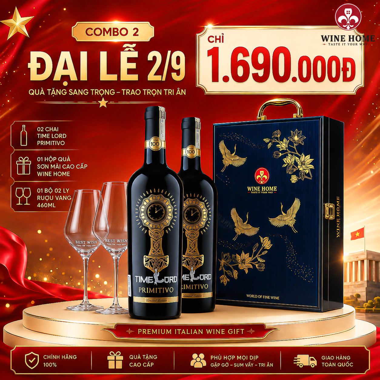 Mừng Quốc Khánh 2/9 – Ưu Đãi Combo Rượu Vang & Quà Tặng Cao Cấp, Trao Quà Tri Ân Khách Hàng | Rượu Vang Wine Home Combo 2: Đại Lễ – 02 Chai Vang Ý Time Lord Primitivo Chỉ 1.690.000Đ