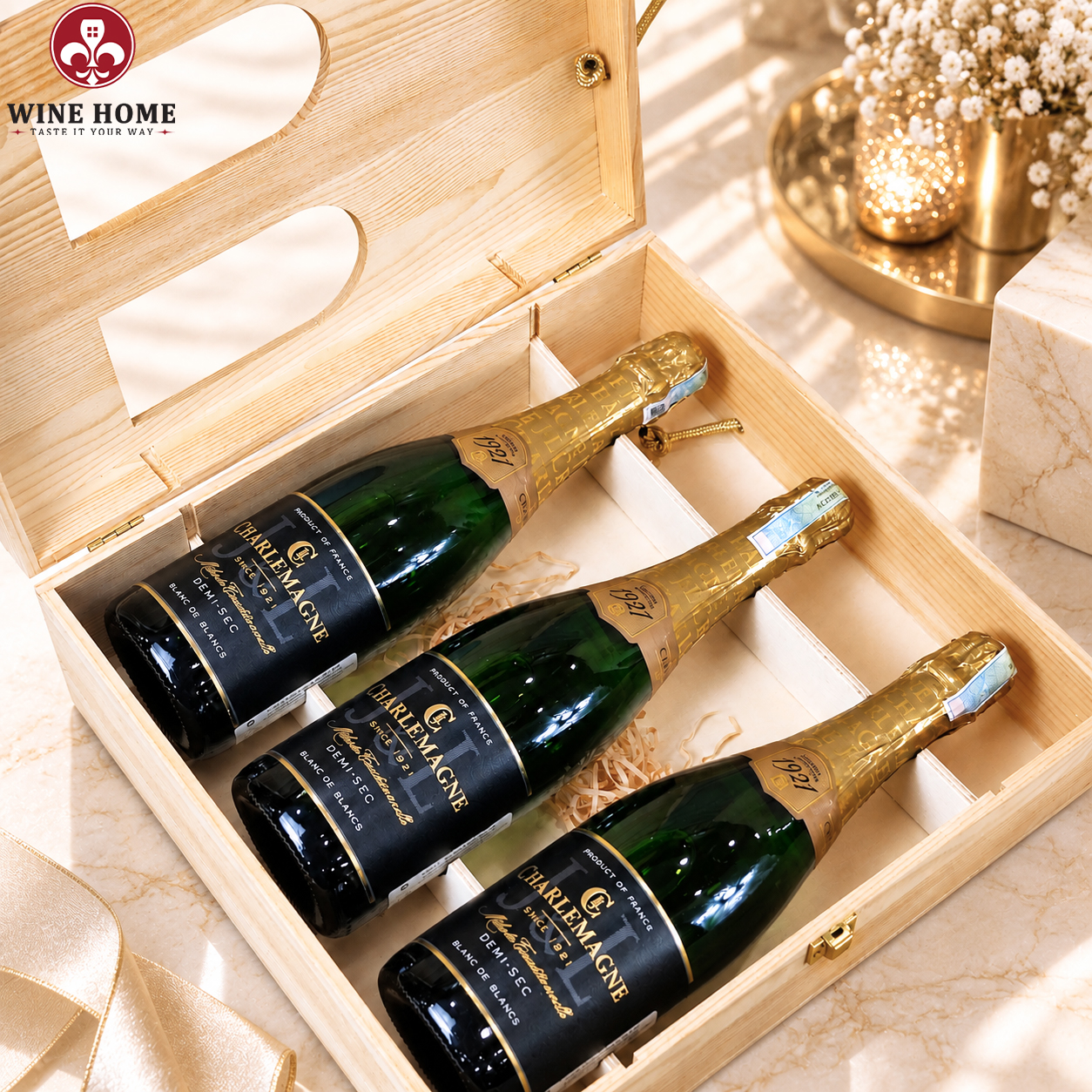 Hộp Quà Rượu Vang 3 Chai Charlemagne Demi-Sec Blanc de Blancs | Rượu Vang Wine Home Hộp Quà Rượu Vang 3 Chai Charlemagne Demi-Sec Blanc de Blancs