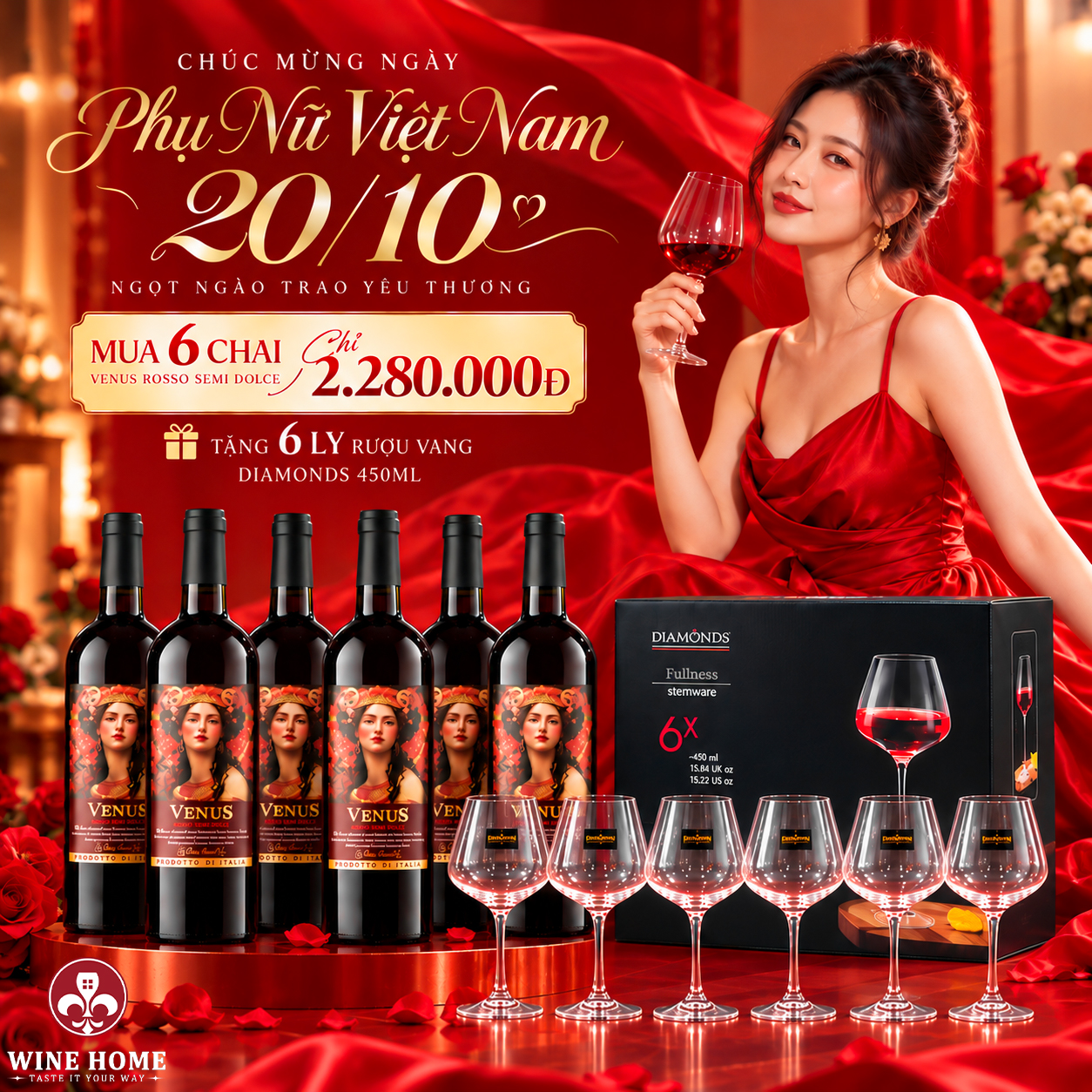Ưu Đãi Rượu Vang 20/10 – Mua 6 Chai Venus Chỉ 2.280.000Đ, Tặng Bộ 6 Ly Diamonds