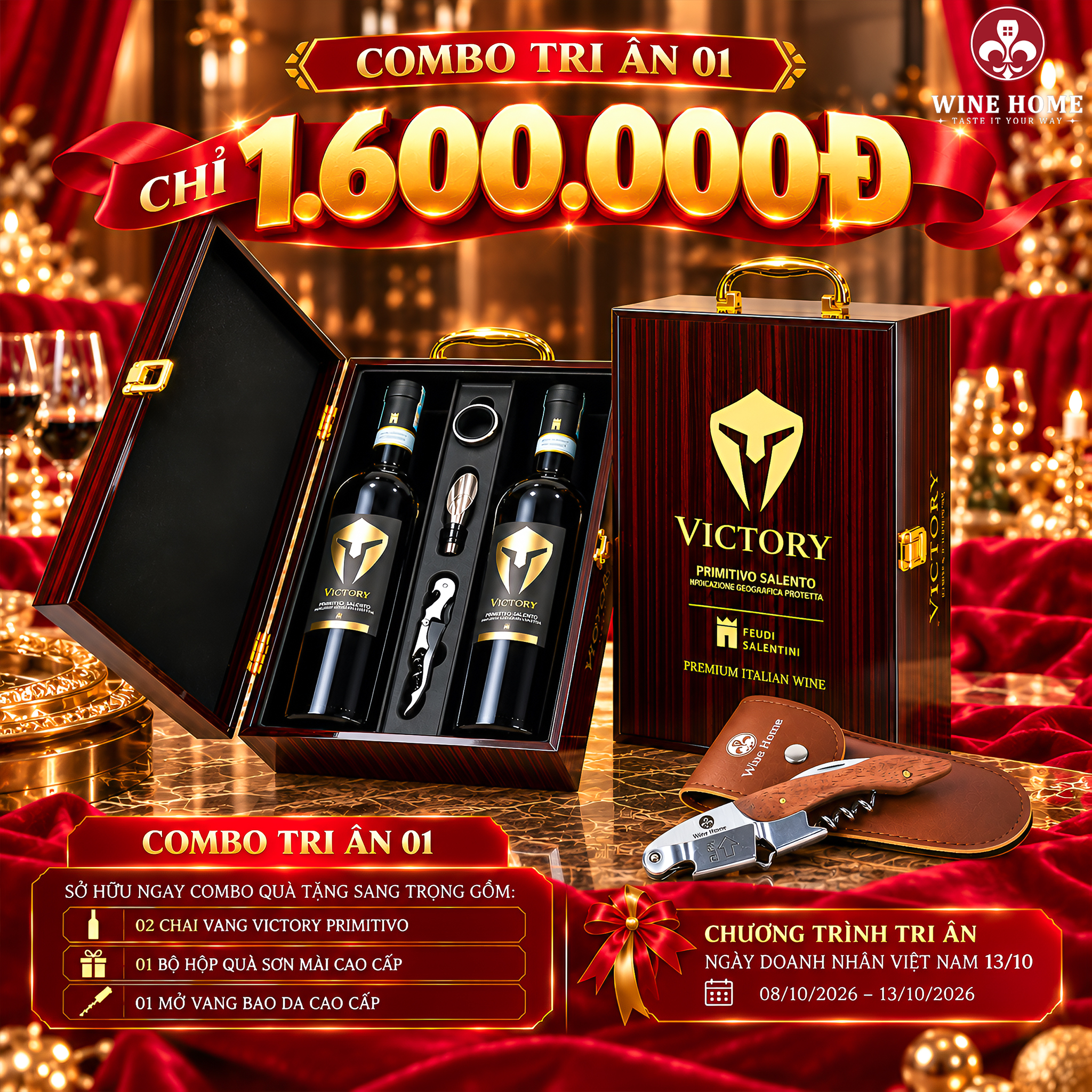 Chương Trình Tri Ân Ngày Doanh Nhân Việt Nam 13/10 | Wine Home | Rượu Vang Wine Home Combo Tri Ân 01 – Quà tặng sang trọng dành cho người dẫn lối