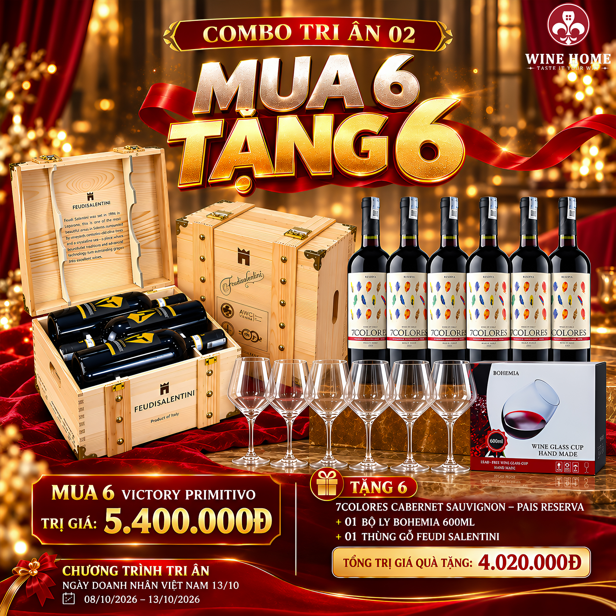 Chương Trình Tri Ân Ngày Doanh Nhân Việt Nam 13/10 | Wine Home | Rượu Vang Wine Home Combo Tri Ân 02 – Mua 6 Victory Primitivo, tặng 6 chai 7 Colors cùng bộ quà